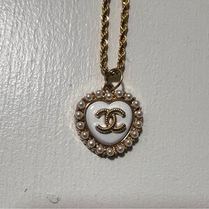 Chanel Gold and White Heart Pendant Necklace